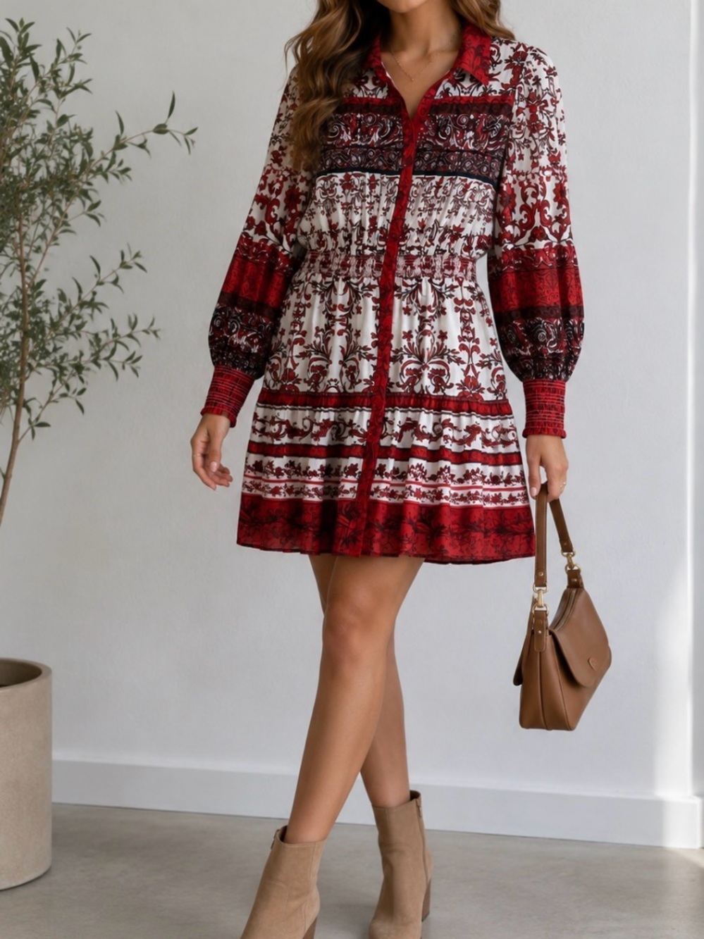 Alice + Olivia Red and White Printed Button-Front Mini Dress Aprox Size S  B3